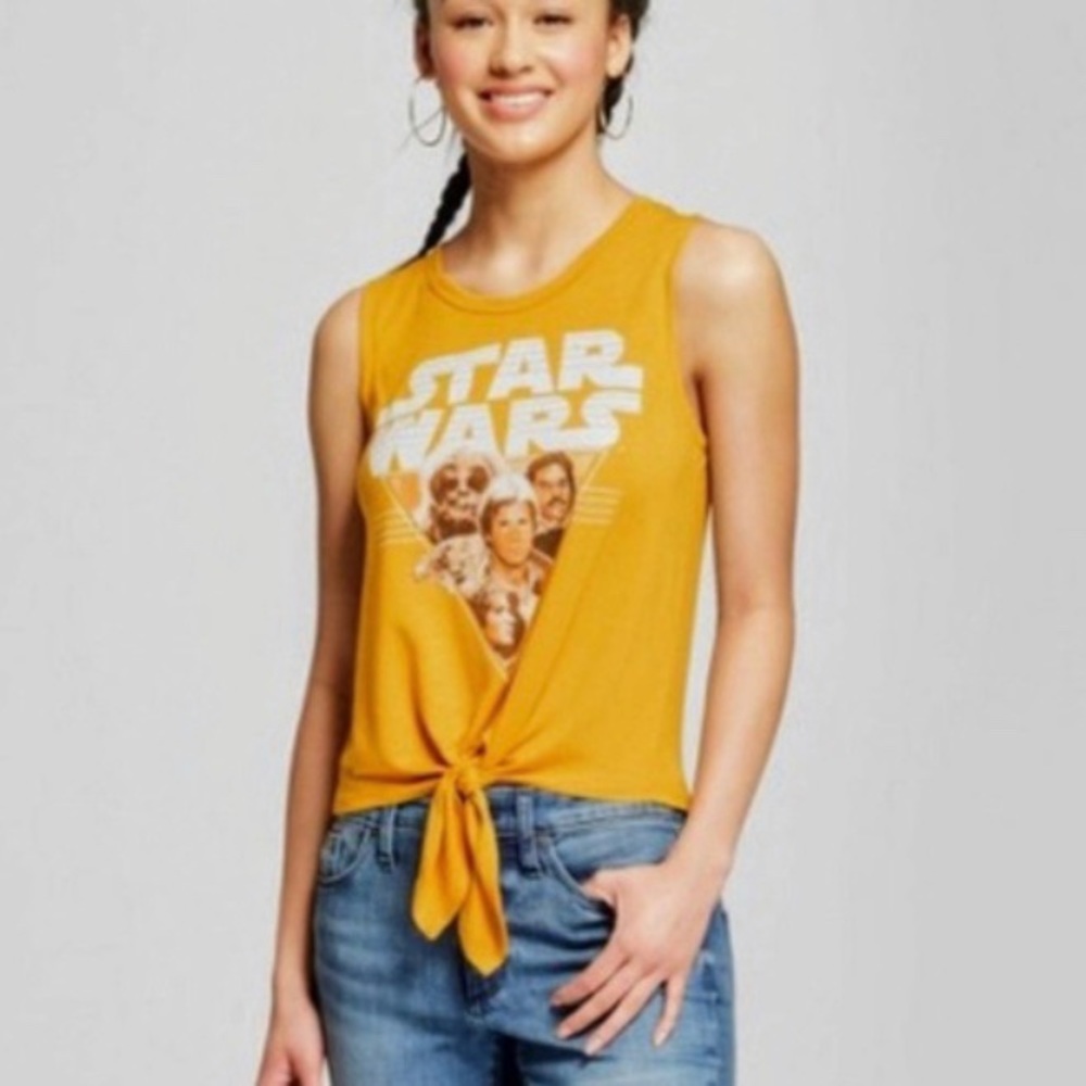 Star Wars Retro Yellow Sleeveless Tie Front Muscle Tee T-Shirt Top Size Medium